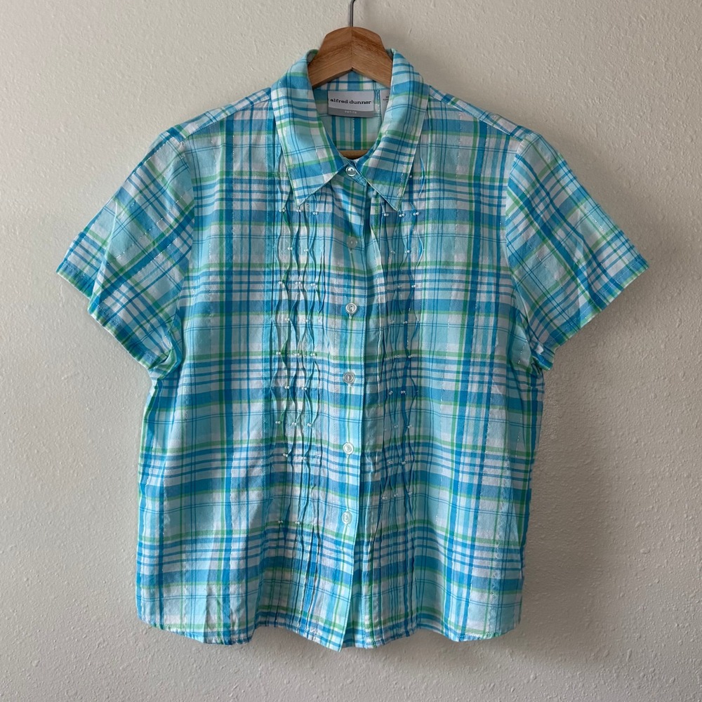 Alfred Dunner Petite 12P Blue Green Plaid Beaded Pintuck Short Sleeve Shirt